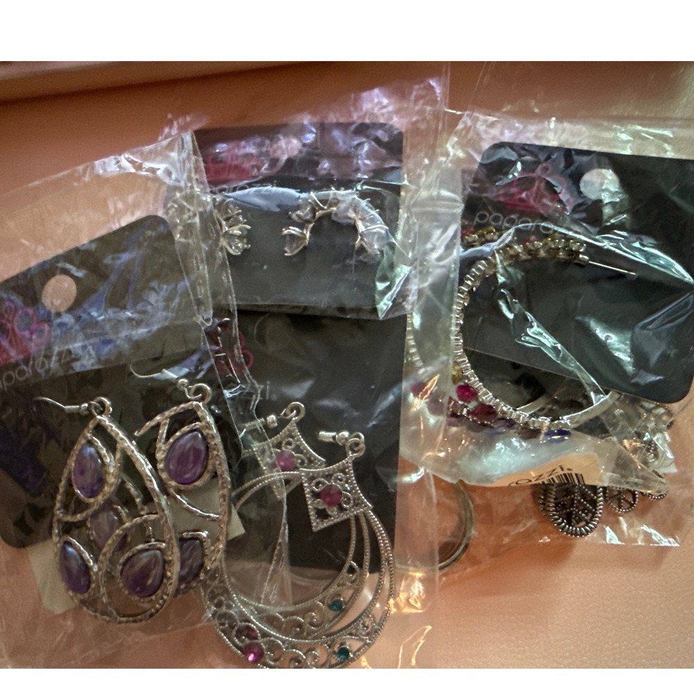 Paparazzi Earring Lot 6 Pairs Retro Reception Rhinestone Hoops Dangl Silver Tone